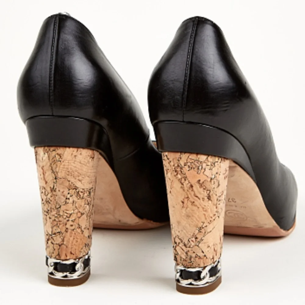 EUC CHANEL Black Leather Heels with Cork Detail - size 6 - come w box and caps